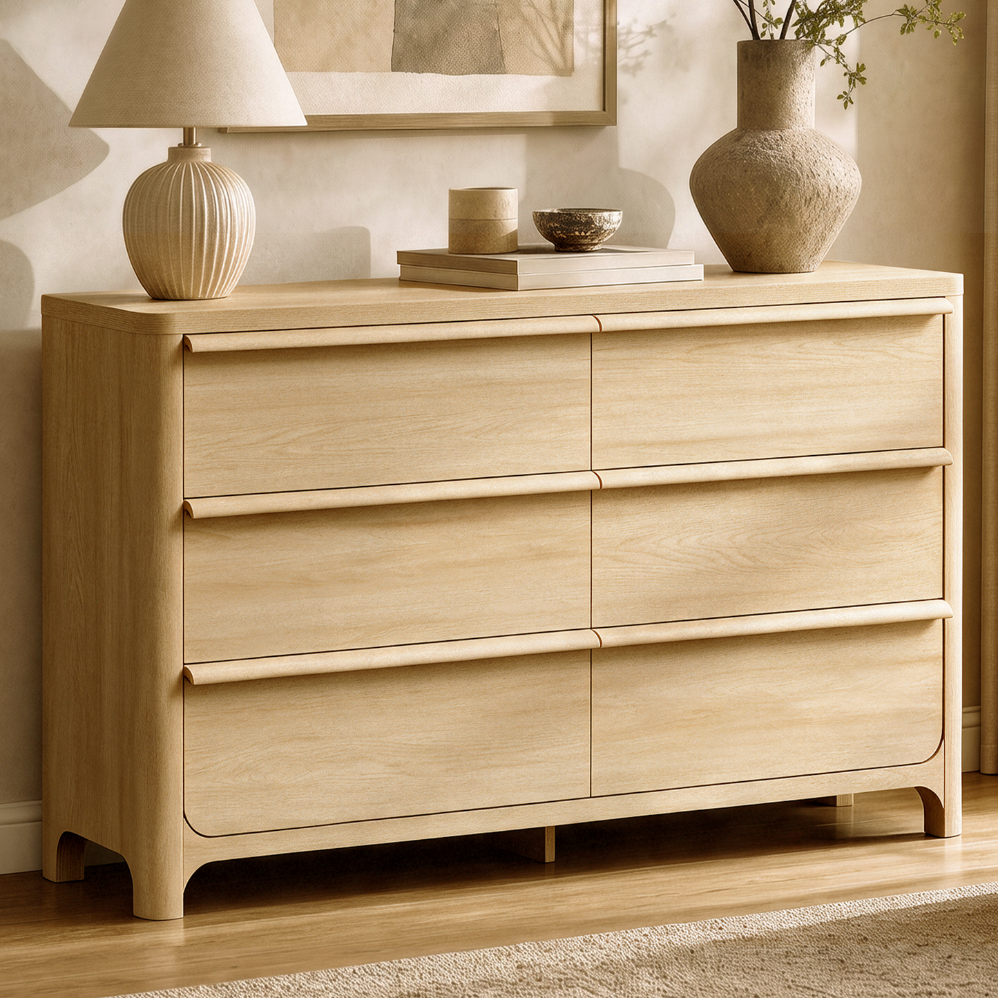[Pre-sale] 57.1" Modern 6-Drawer Dresser, Curved Light Wood, Spacious Storage, Elevated Leg Design