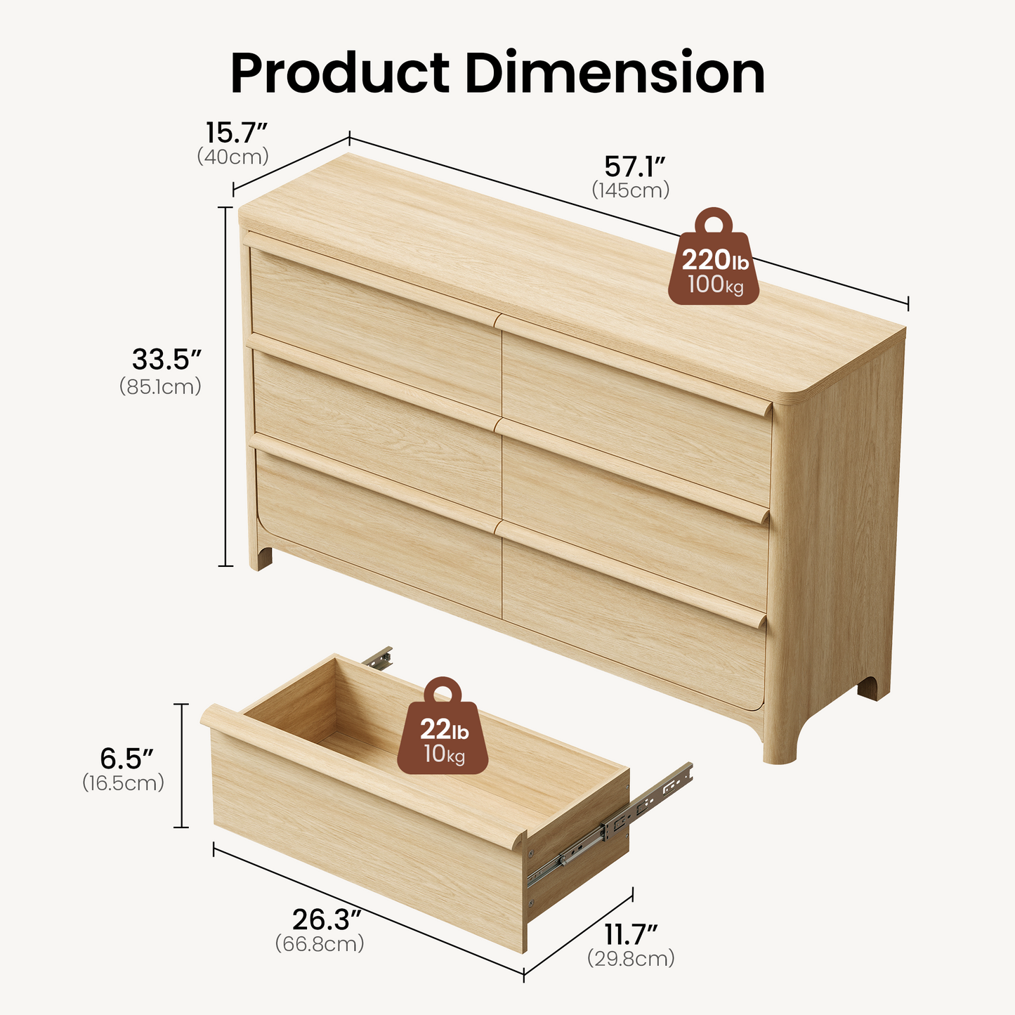 [Pre-sale] 57.1" Modern 6-Drawer Dresser, Curved Light Wood, Spacious Storage, Elevated Leg Design
