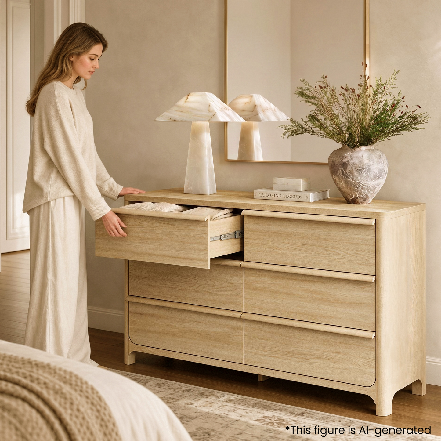 [Pre-sale] 57.1" Modern 6-Drawer Dresser, Curved Light Wood, Spacious Storage, Elevated Leg Design