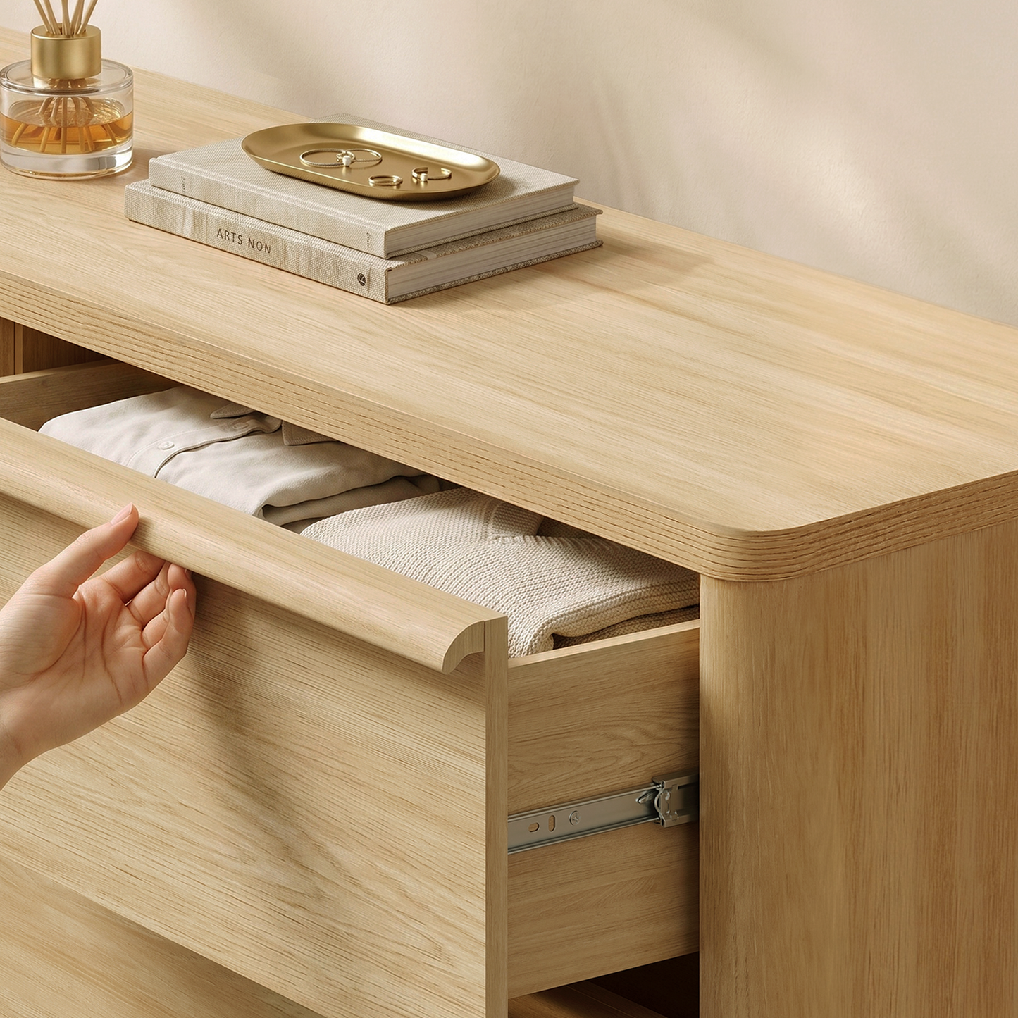 [Pre-sale] 57.1" Modern 6-Drawer Dresser, Curved Light Wood, Spacious Storage, Elevated Leg Design