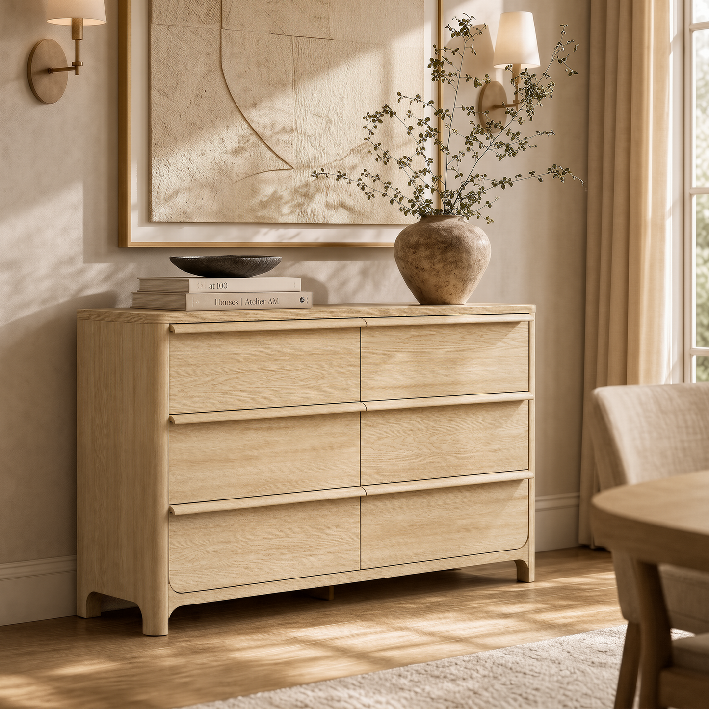 [Pre-sale] 57.1" Modern 6-Drawer Dresser, Curved Light Wood, Spacious Storage, Elevated Leg Design