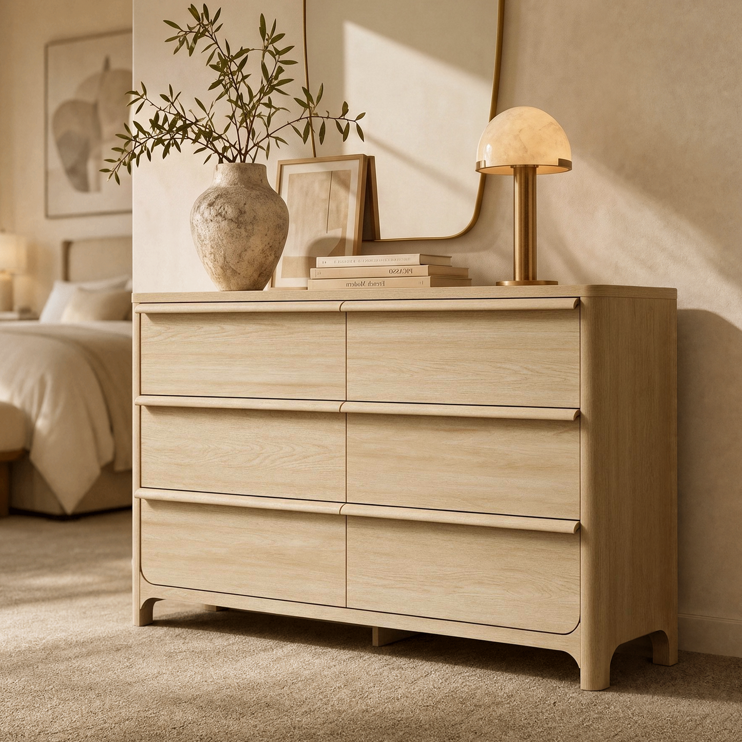 [Pre-sale] 57.1" Modern 6-Drawer Dresser, Curved Light Wood, Spacious Storage, Elevated Leg Design