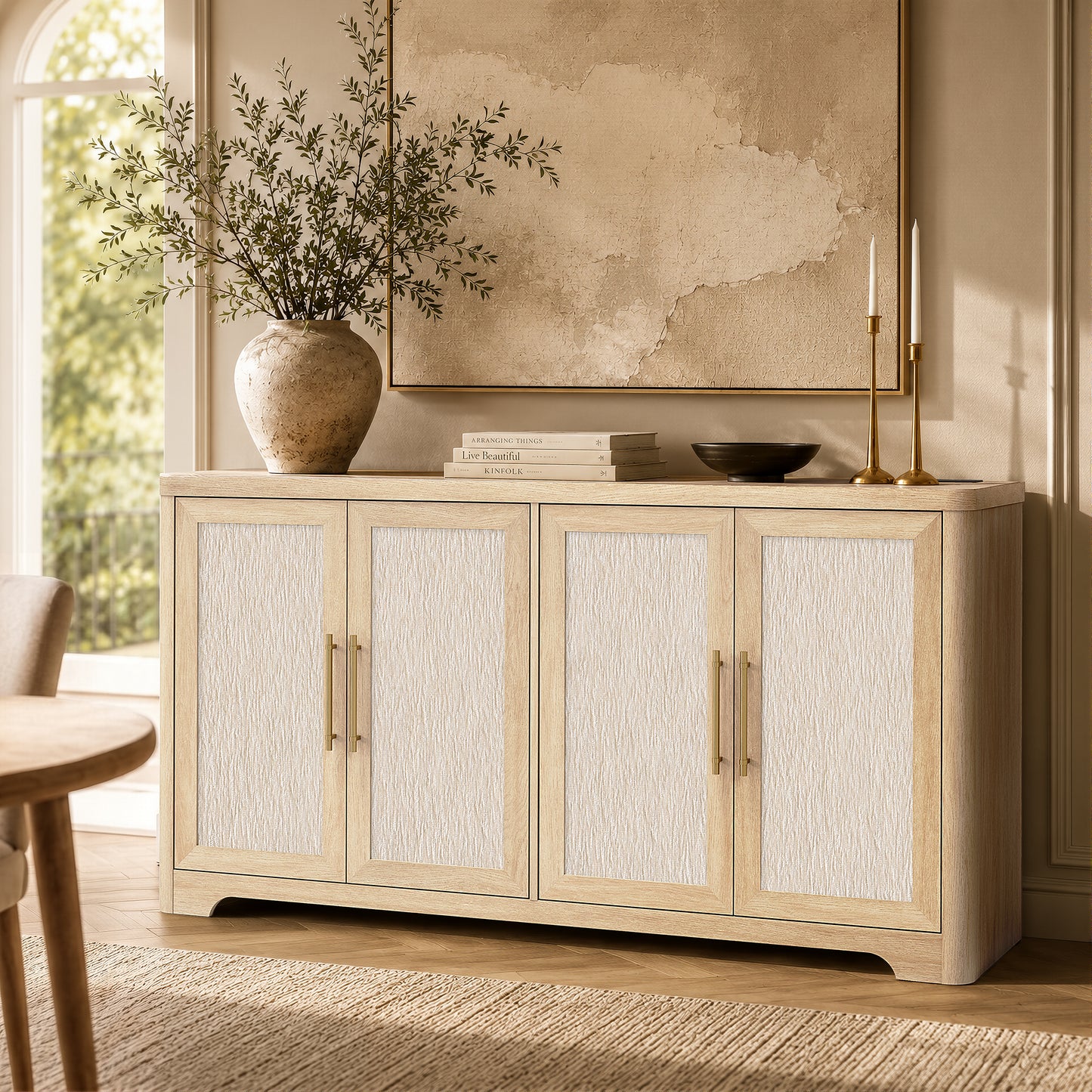 59-Inch Wide Natural Oak-Look Sideboard with 4 Textured Doors and Built-In Charging