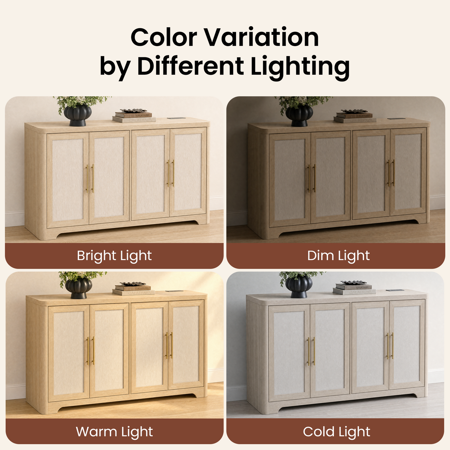 59-Inch Wide Natural Oak-Look Sideboard with 4 Textured Doors and Built-In Charging