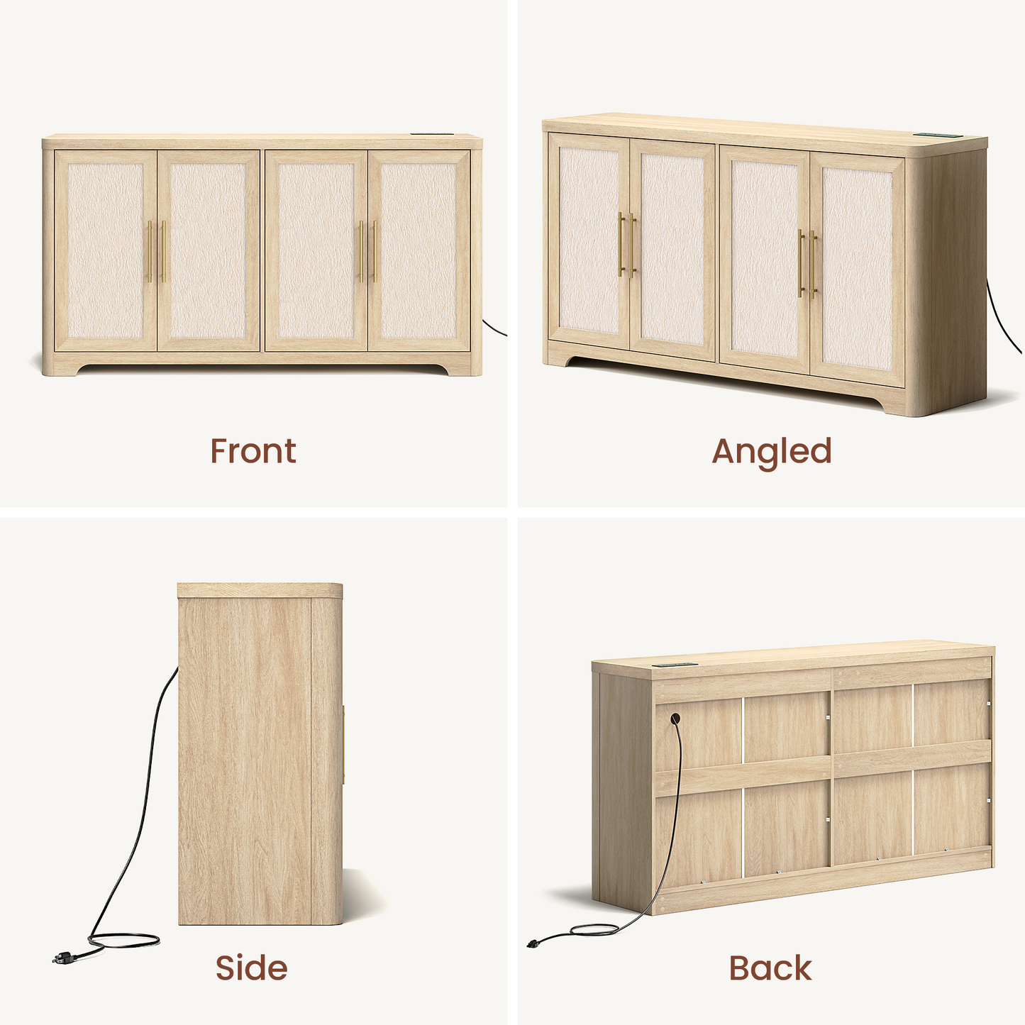 59-Inch Wide Natural Oak-Look Sideboard with 4 Textured Doors and Built-In Charging