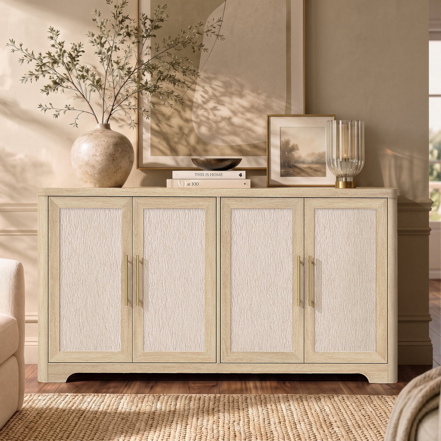59-Inch Wide Natural Oak-Look Sideboard with 4 Textured Doors and Built-In Charging