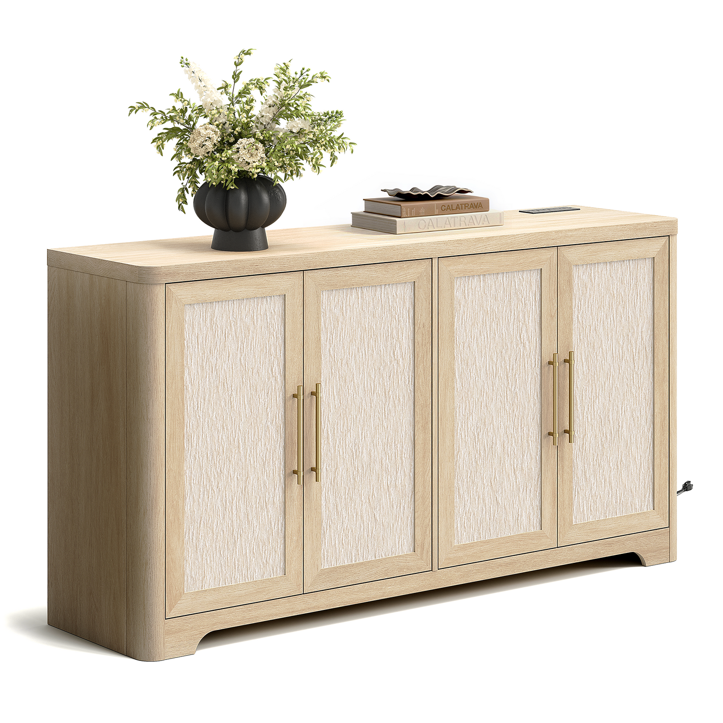 59-Inch Wide Natural Oak-Look Sideboard with 4 Textured Doors and Built-In Charging