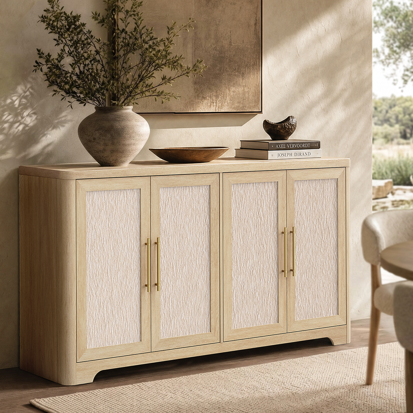 59-Inch Wide Natural Oak-Look Sideboard with 4 Textured Doors and Built-In Charging