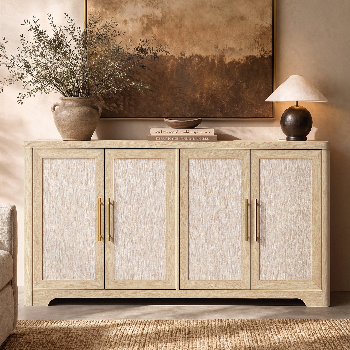59-Inch Wide Natural Oak-Look Sideboard with 4 Textured Doors and Built-In Charging