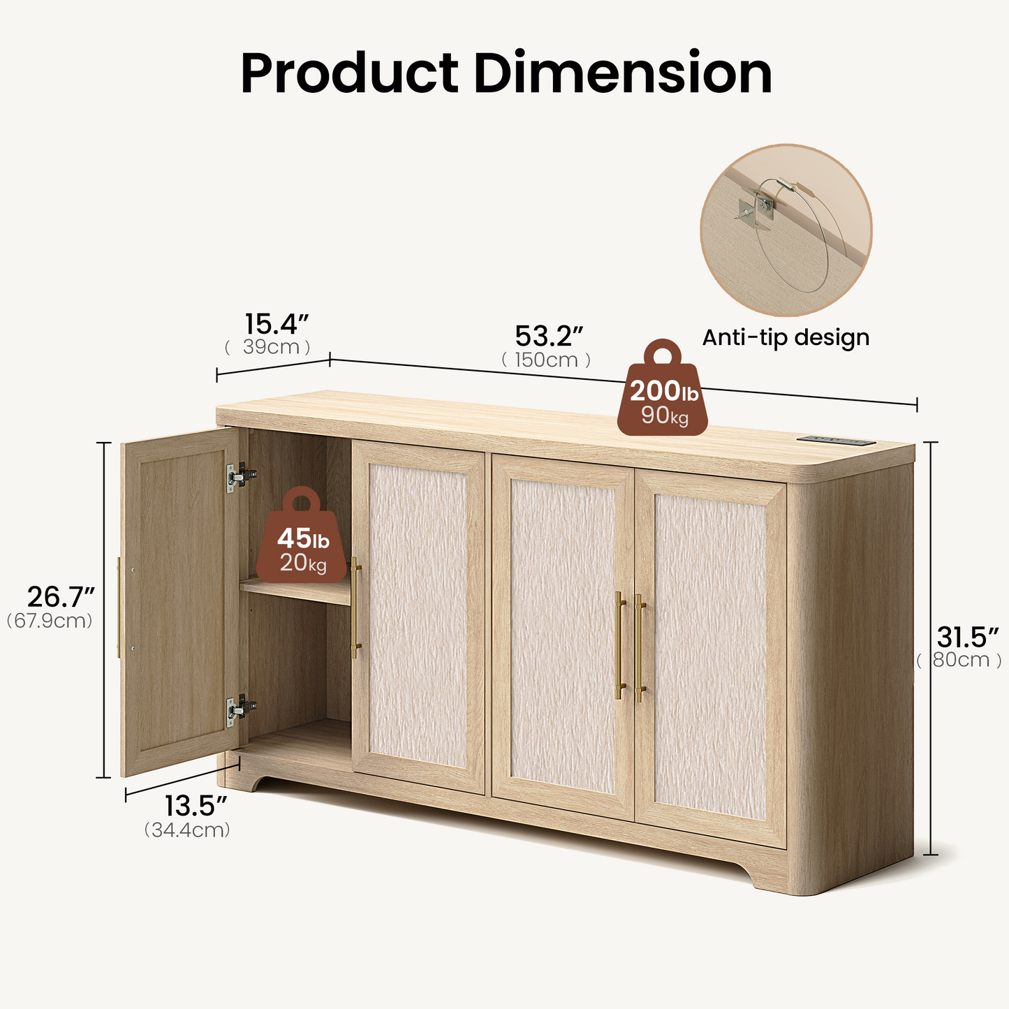 59-Inch Wide Natural Oak-Look Sideboard with 4 Textured Doors and Built-In Charging
