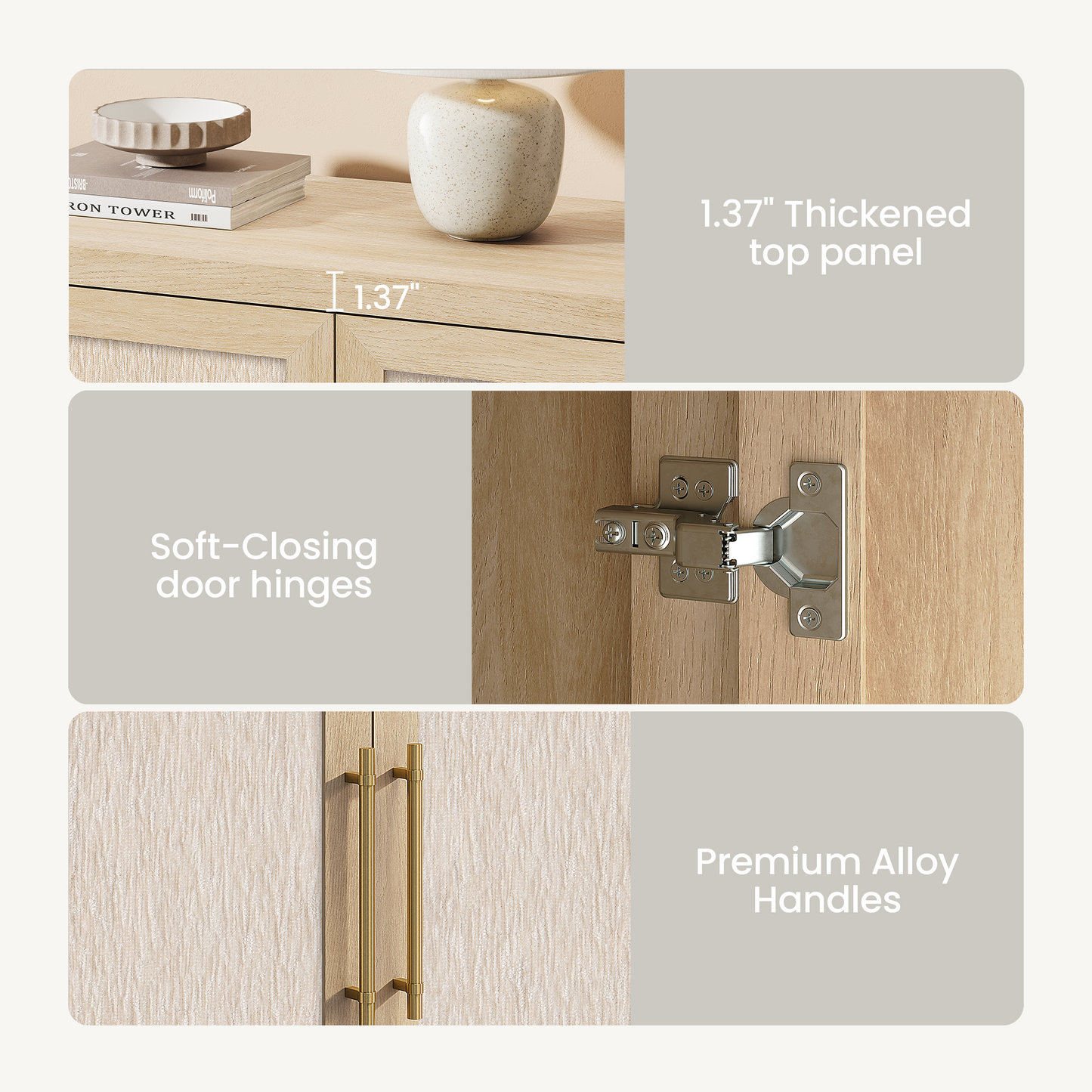 59-Inch Wide Natural Oak-Look Sideboard with 4 Textured Doors and Built-In Charging