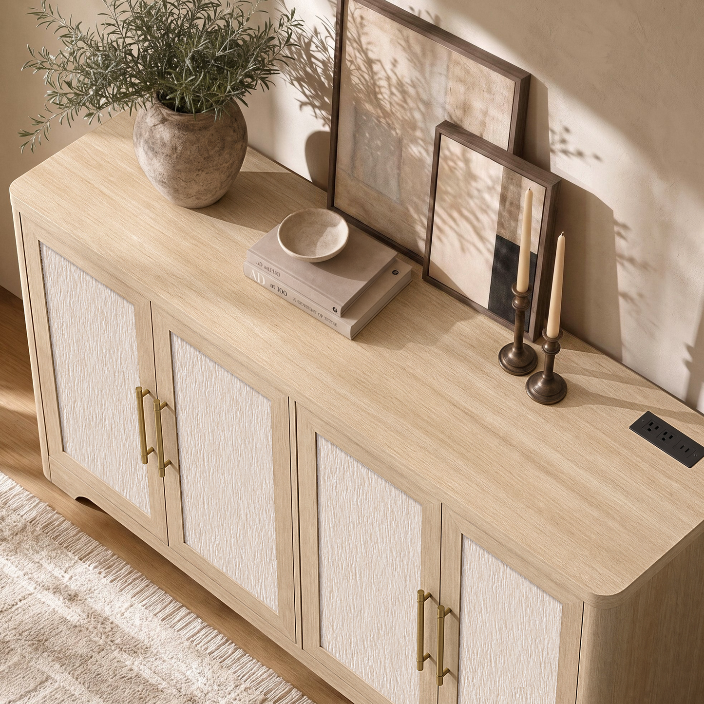 59-Inch Wide Natural Oak-Look Sideboard with 4 Textured Doors and Built-In Charging