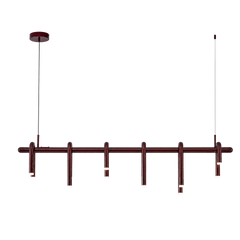 Dark red pendant light suspended by two thin cables, with a long horizontal bar and six curved tubular elements ending in white lights at varied heights.