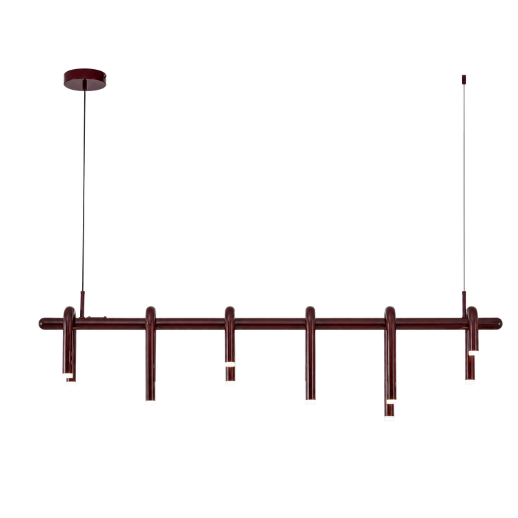 Dark red pendant light suspended by two thin cables, with a long horizontal bar and six curved tubular elements ending in white lights at varied heights.