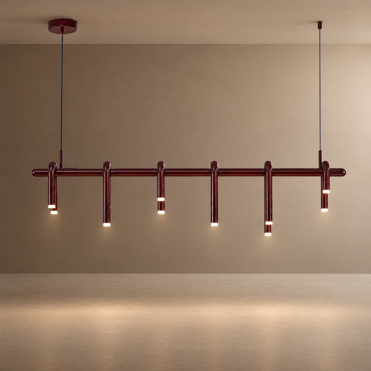 Glossy dark red pendant light suspended by two thin cables, with a horizontal bar and six curved tubular arms ending in glowing white tips at varied heights.