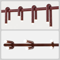 Two close-up views of a glossy reddish-brown light fixture with curved tubular arms looped over a horizontal bar and glowing white circular ends.