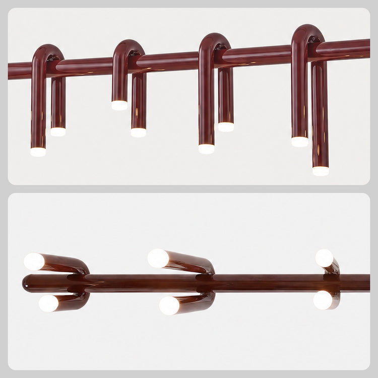 Two close-up views of a glossy reddish-brown light fixture with curved tubular arms looped over a horizontal bar and glowing white circular ends.