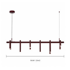 Diagram of a dark red suspended light with a horizontal bar, six curved tubular elements with white tips, and a width measurement line below.