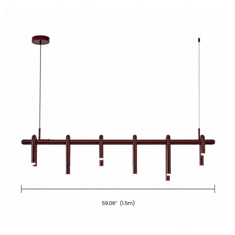 Diagram of a dark red suspended light with a horizontal bar, six curved tubular elements with white tips, and a width measurement line below.