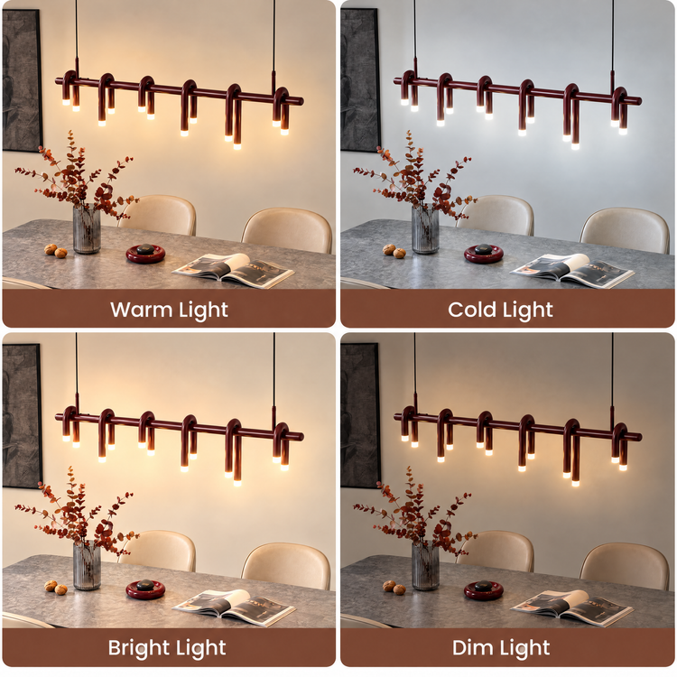 Four panels compare warm, cold, bright and dim light from a dark red pendant with curved tubular lights suspended above a dining table.