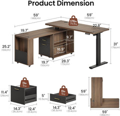 Product-dimension diagram showing a corner desk with a raised tabletop, rolling drawer cabinet, and separate drawer views, annotated with dimensions and weight limits.
