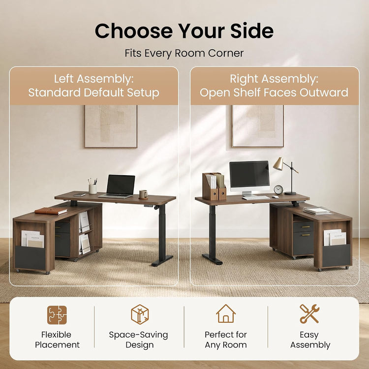 Two side-by-side views show a corner desk with left and right assembly options, including an outward-facing open shelf in the right setup.