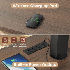 A phone rests on a circular wireless charging pad, above a desk-mounted power unit with three AC outlets, a USB port, and a USB-C port; a tablet lies nearby.