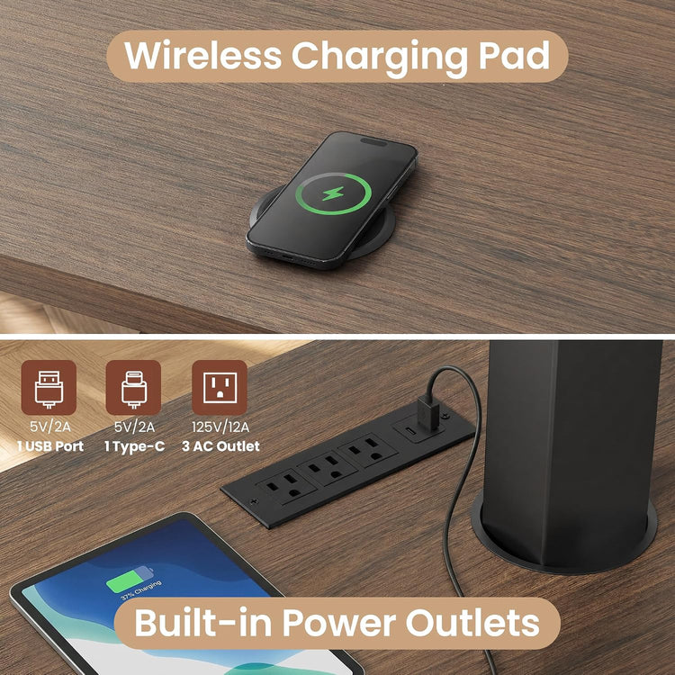 A phone rests on a circular wireless charging pad, above a desk-mounted power unit with three AC outlets, a USB port, and a USB-C port; a tablet lies nearby.