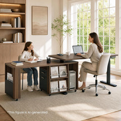 Two women work at adjoining wooden desks in a bright room; one writes in a notebook while the other uses a laptop.