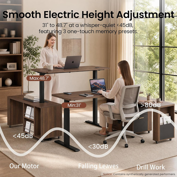 Diagram showing a desk at seated and standing heights, labeled 31 and 48.7 inches, with a noise comparison graphic for its motor, falling leaves and drill work.