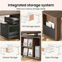 A collage shows a desk with drawers, a central computer compartment, open shelves holding books and a tower computer, and a side pocket for books.