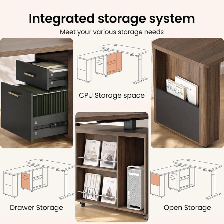 A collage shows a desk with drawers, a central computer compartment, open shelves holding books and a tower computer, and a side pocket for books.