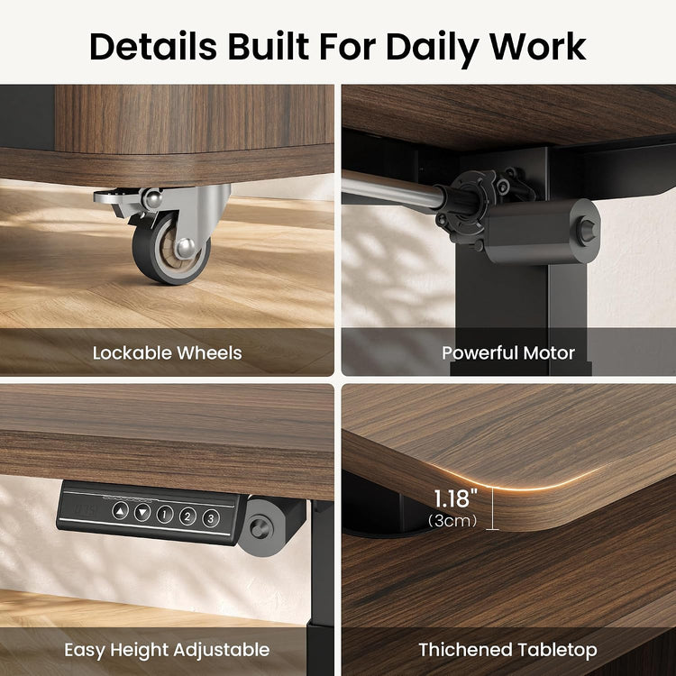 Four-panel product graphic showing a desk's lockable wheels, motor, height-adjustment control, and a tabletop edge labeled 1.18 inches (3 cm).