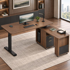 A wood desk with a black monitor, keyboard, mouse, and lamp stands beside a wheeled matching cabinet with drawers in a modern office.