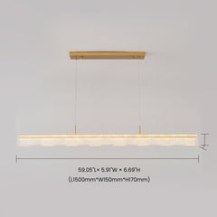 Dimension diagram of a long, illuminated pendant light with a gold-colored ceiling mount, two suspension wires and a row of overlapping dotted rectangular panels.
