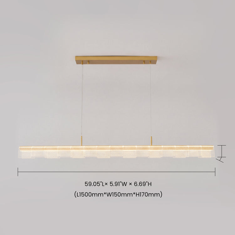 Dimension diagram of a long, illuminated pendant light with a gold-colored ceiling mount, two suspension wires and a row of overlapping dotted rectangular panels.