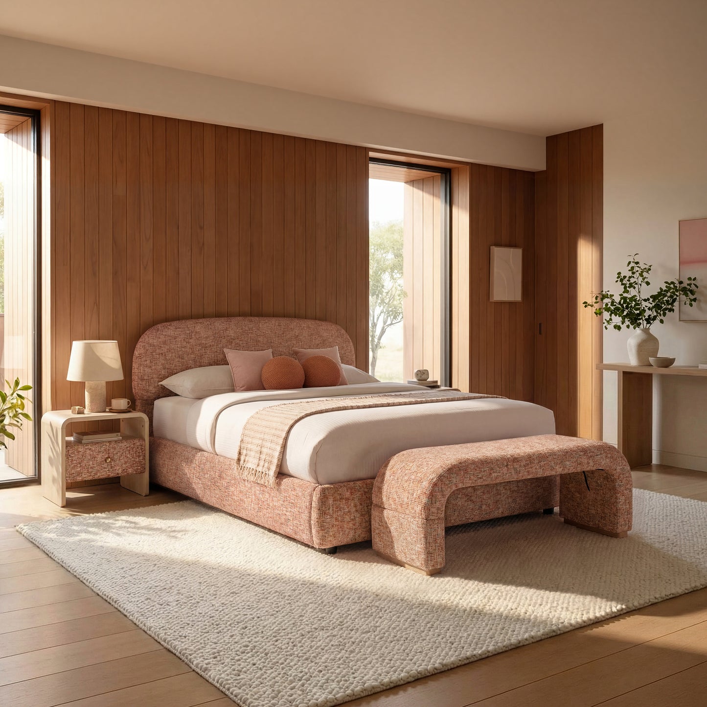 Dione 4-Piece Queen Storage Bedroom Set: Lift-Up Bed, 2 Nightstands & Bench, Canyon Dawn Red