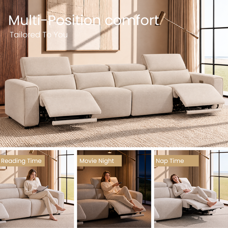 140" Modern Power Reclining Sofa, 4-Seater Fabric Motion Sofa with Electric Footrests & Lumbar Support