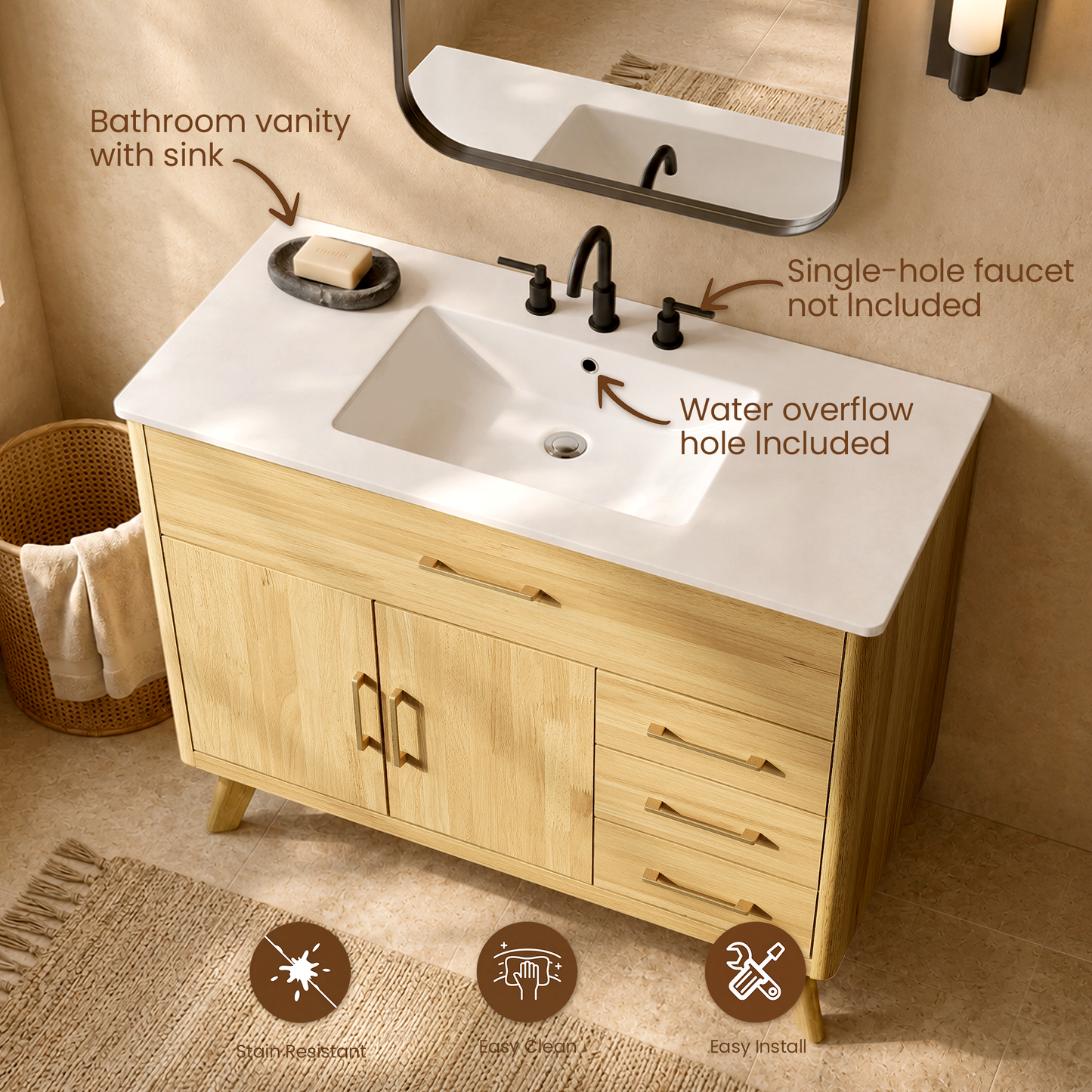 Mid-Century 36" Bathroom Vanity with Ceramic Sink