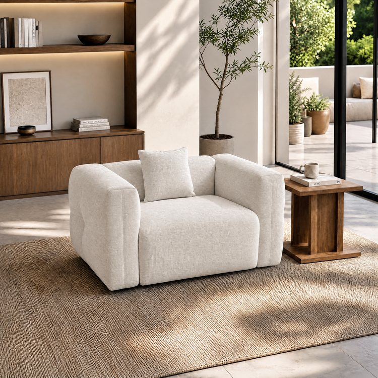 White upholstered armchair with broad arms and a matching cushion in a sunlit room.