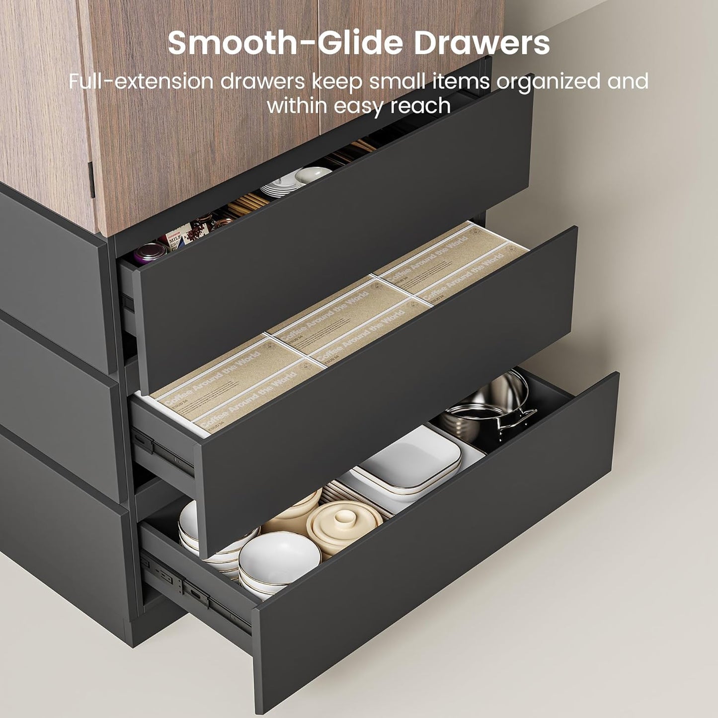 Whisper Series 70.8" Kitchen Pantry with 3 Drawers & Magnetic Closure