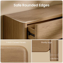 Three-panel close-up graphic highlights a rounded wood cabinet corner, curved drawer front, and thick leg