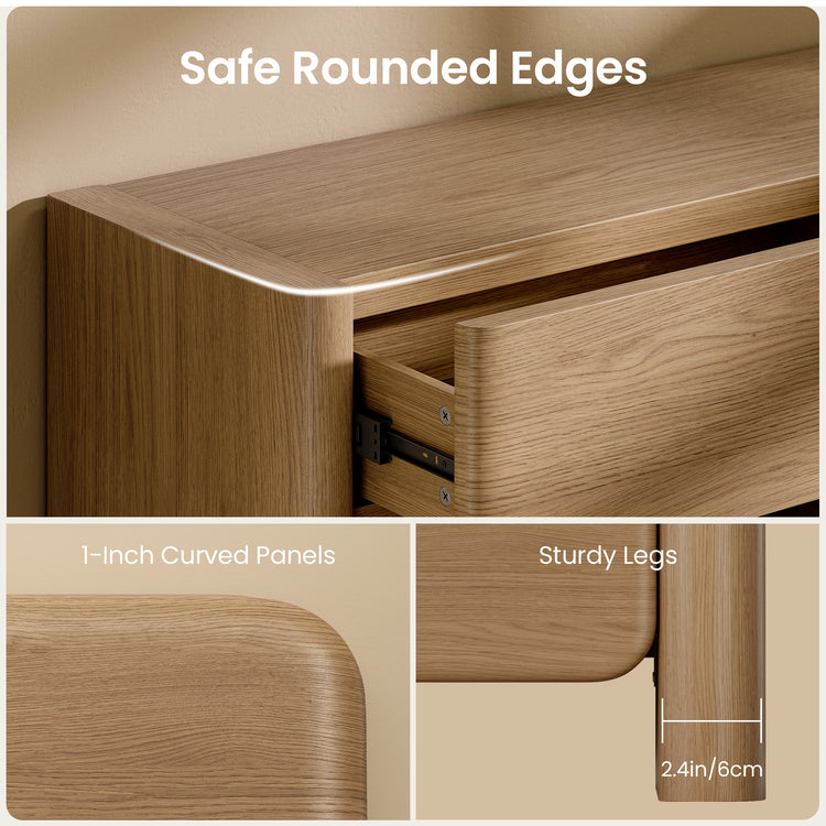 Three-panel close-up graphic highlights a rounded wood cabinet corner, curved drawer front, and thick leg