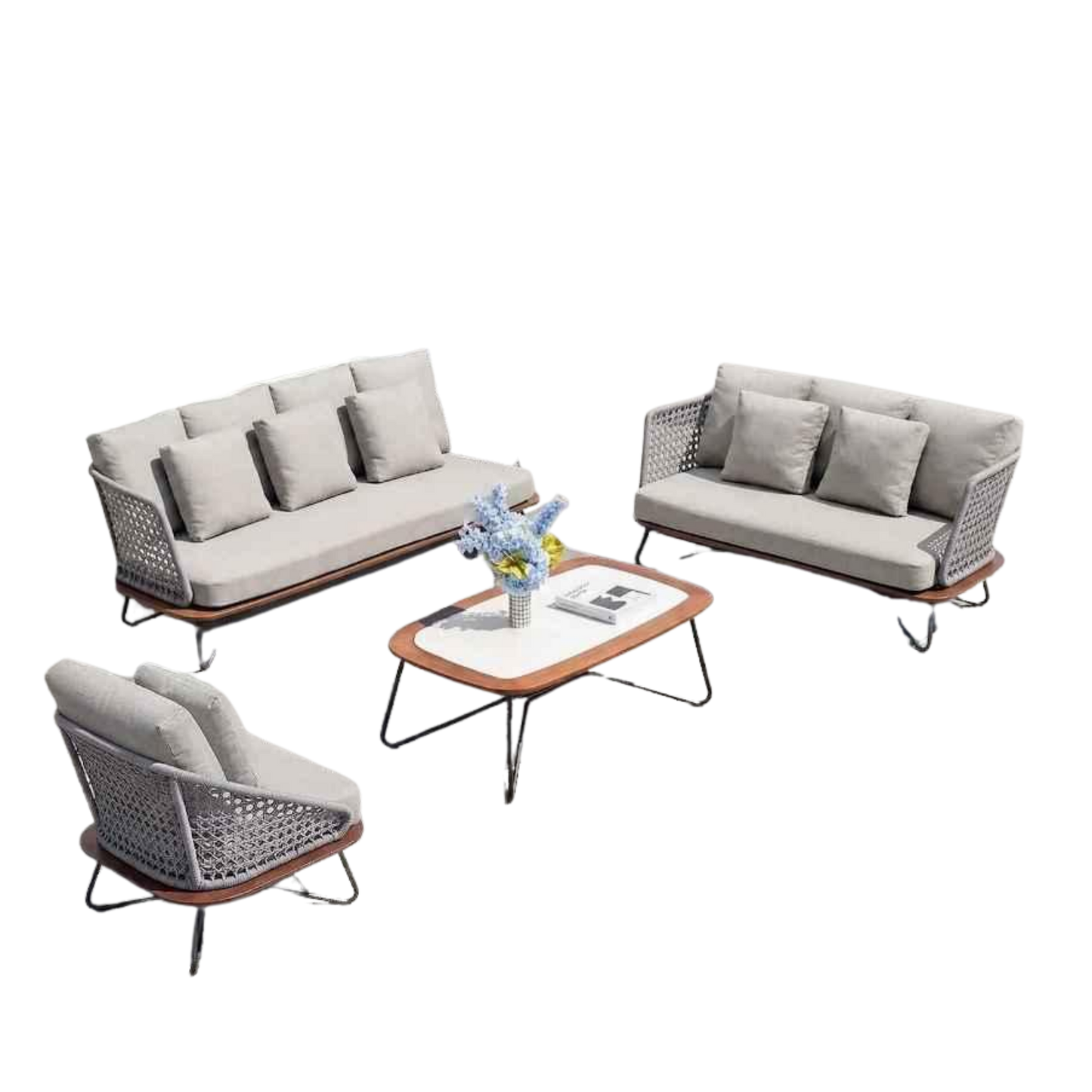 5-PCS Outdoor Conversation Set, Modern Woven Rope Sofa and Chair Set with Ottoman & Coffee Table