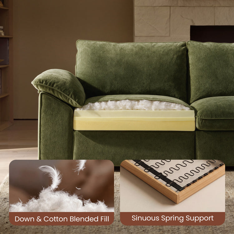 Sofá modular en forma de L Dreamboat de chenilla con otomana de almacenamiento, beige