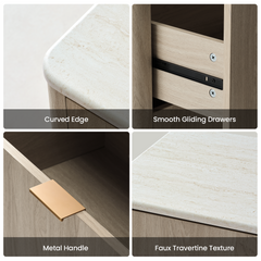 Four close-up panels show a pale cabinet's rounded top edge, drawer slide, metal pull, and stone-look surface