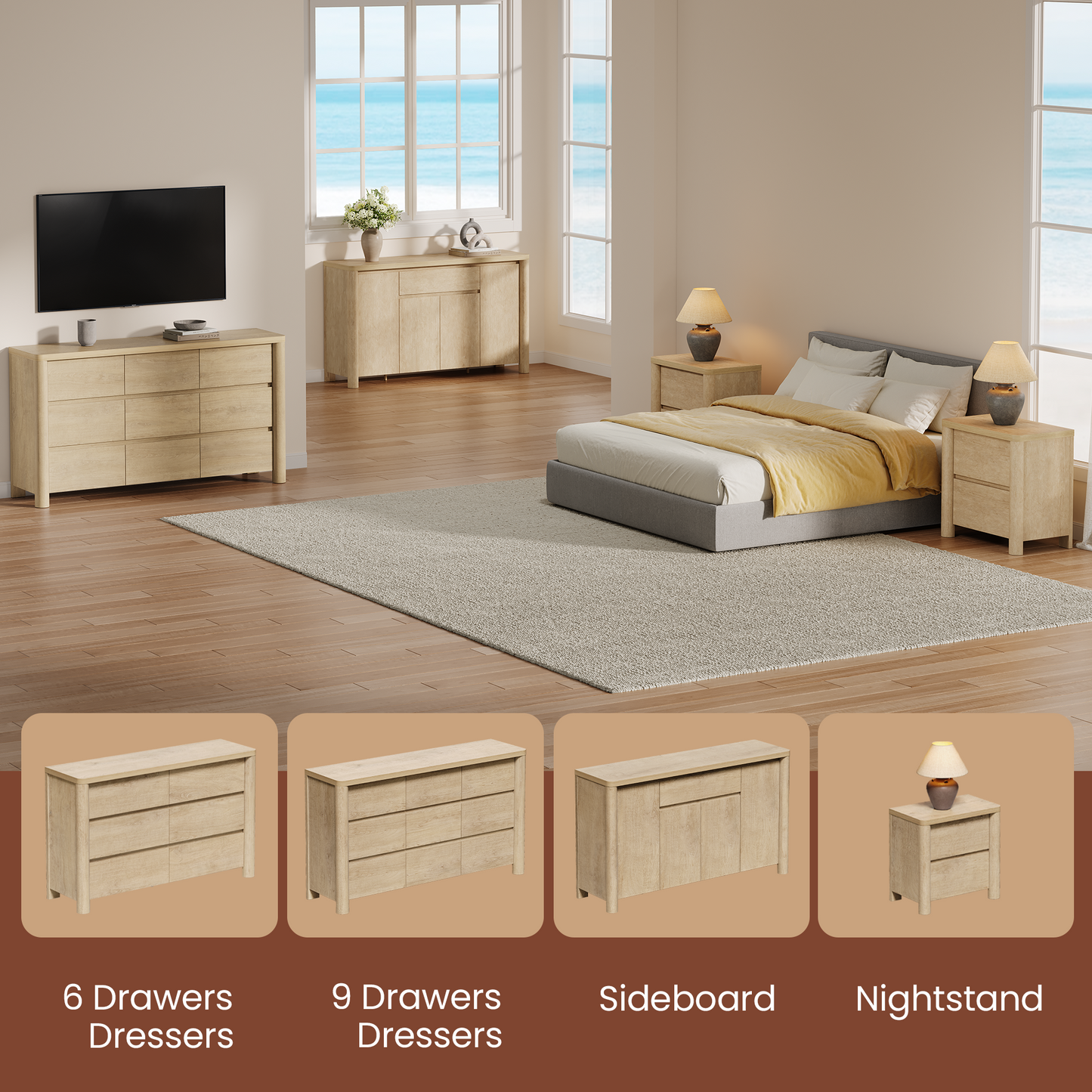 63" 9-Drawer Dresser with Thick Top and Round Legs