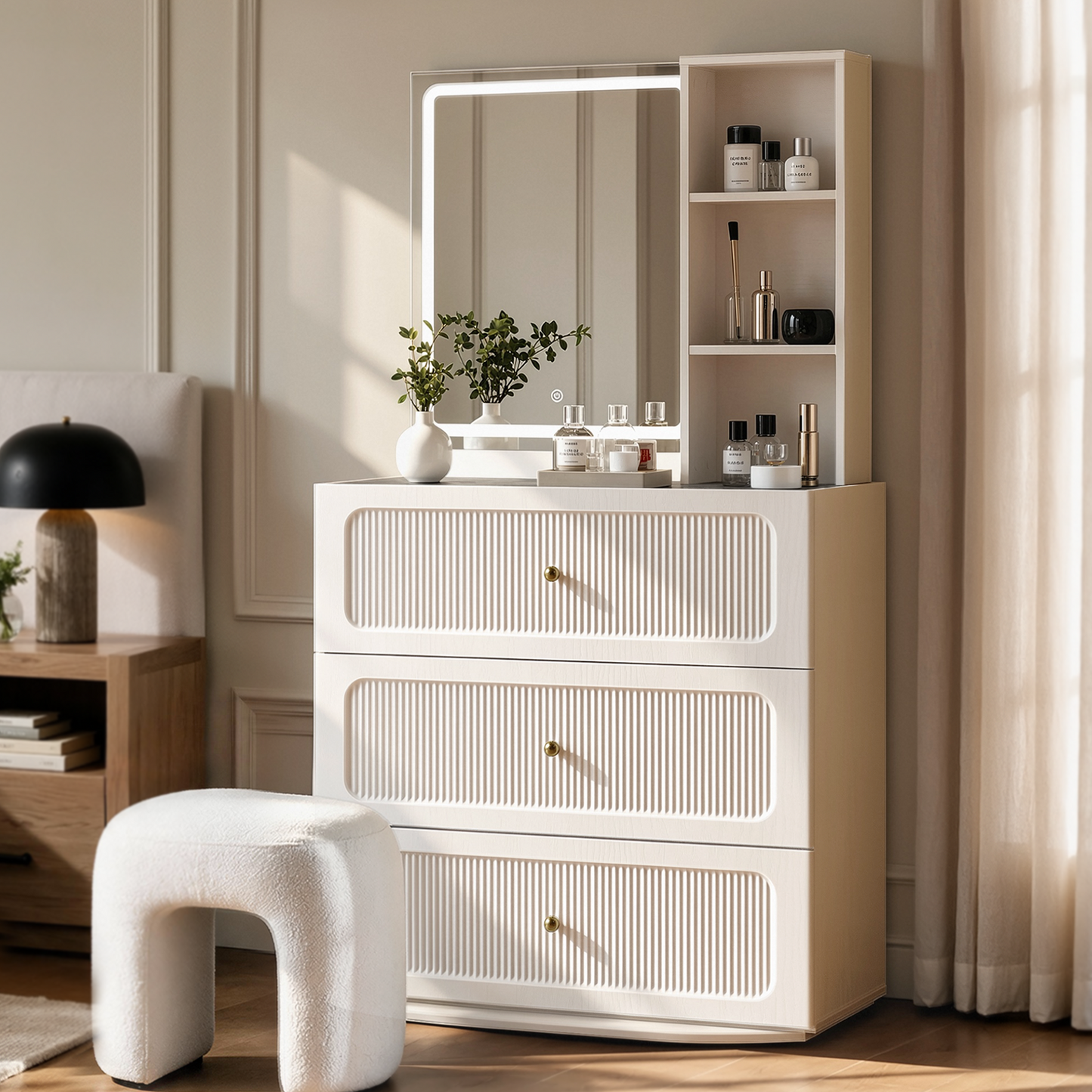 FlexMod 31.5" Modular Fluted 3-Drawer Vanity Dresser with 3-Color LED Mirror & Side Shelves