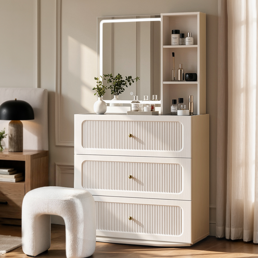 FlexMod 31.5" Modular Fluted 3-Drawer Vanity Dresser with 3-Color LED Mirror & Side Shelves