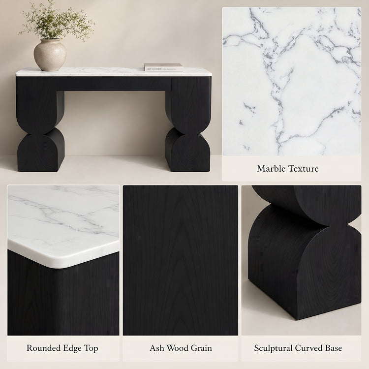 Black console table with marble-look top, rounded edges, wood grain, and sculptural curved base.